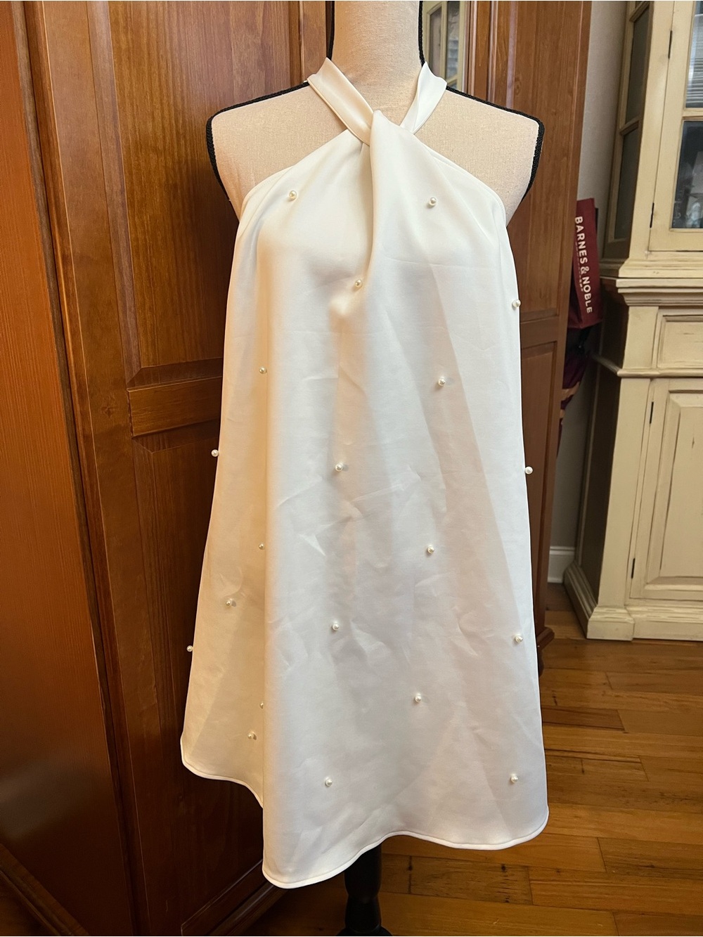 White Halter Mini Dress with Pearl Accents